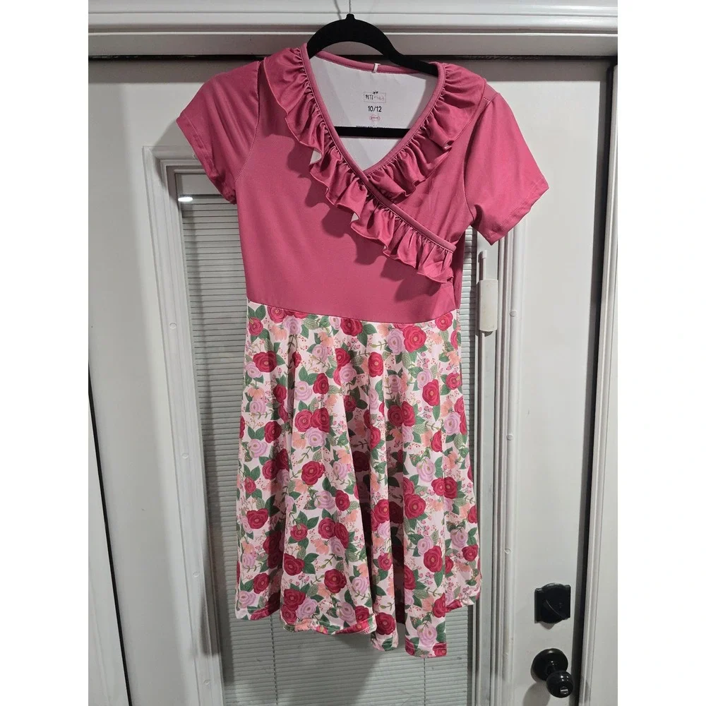 Pete + Lucy Girls Pink Floral Ruffle Faux Wrap Dress P+Lush Size 10/12 NWT
